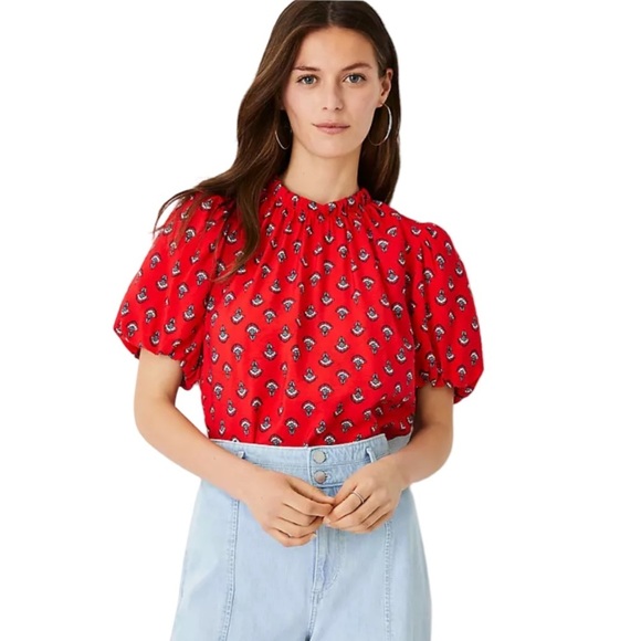 Ann Taylor Red Floral Tie Back Puff Sleeve Top Size Small - Picture 1 of 14
